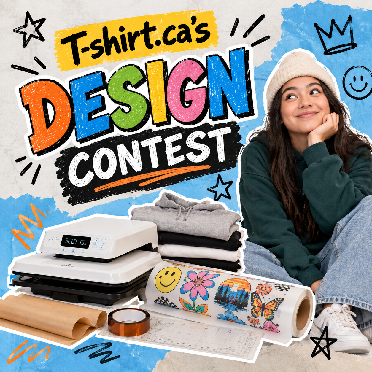T-shirt.ca Design Contest prize pack: HTVRONT digital heat press, blank apparel, custom DTF transfers and heat press starter pack