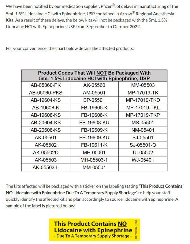 Notice from Teleflex Regarding a Medication Issue Affecting their Arrow(R) Regional Anesthesia Kits