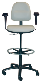 T-583-CLB Pedigo ERGO ANESTHESIA CHAIR, COLUMBIA BLUE, MEETS CALIFORNIA TB-117 AND TB-133. PVC-FREE UPHOLSTERY. TALL HEIGHT, ADJUSTABLE FROM 24.5" TO 34.5"H; ADJUSTABLE HEIGHT FOOT RING; ADJUSTABLE ARM RESTS. 25" DIAMETER 5-CASTER BASE