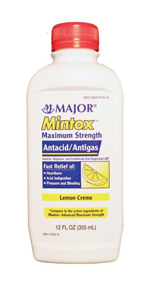 Major Pharmaceuticals 002673 Mintox, Maximum Strength, 12 oz, Lemon, Compare to Maalox®, 12/cs, NDC# 00904-5725-14 (US Only) , case