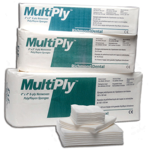 Richmond Dental MULTIPLY™ 300638 MultiPly Non-Woven Rayon/ Poly Sponge, 3in. x 3in., 8-Ply, Non-Sterile, 100/slv, 25 slv/cs , case