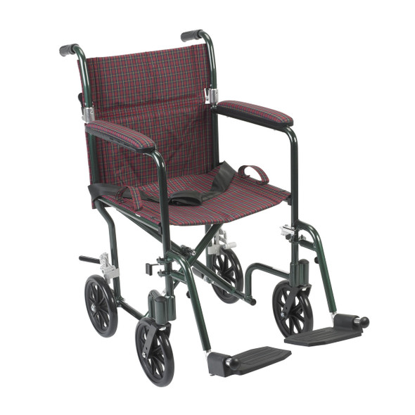 fw19bg Drive Medical Flyweight Lightweight Folding Transport Wheelchair, 19", Green Frame, Burgundy Upholstery