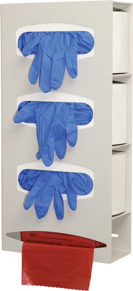 PS004-0212 Bowman Manufacturing Company, Inc. Triple Glove & Single Roll Bag Dispenser, Holds Three Boxes of Gloves & One Roll of Bags (Up to 9 in. L), Keyholes For Wall Mounting, Quartz ABS Plastic, 10 1/8 in. W x 20 3/8 in. H x 3 15/16 in. D, 3/cs