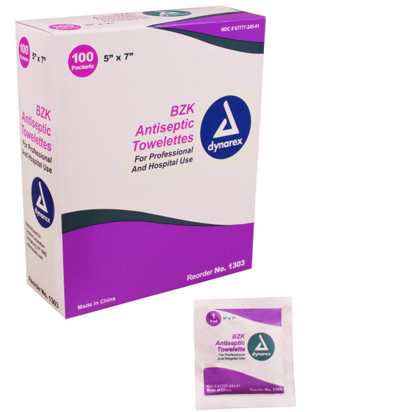 1303 Dynarex BZK Antiseptic Towelettes 10/100/CA