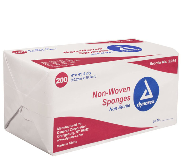 Dynarex 3254 4 in x 4 in Cotton White Non-Woven Sponge - 200/Bag 10 Bag/Case