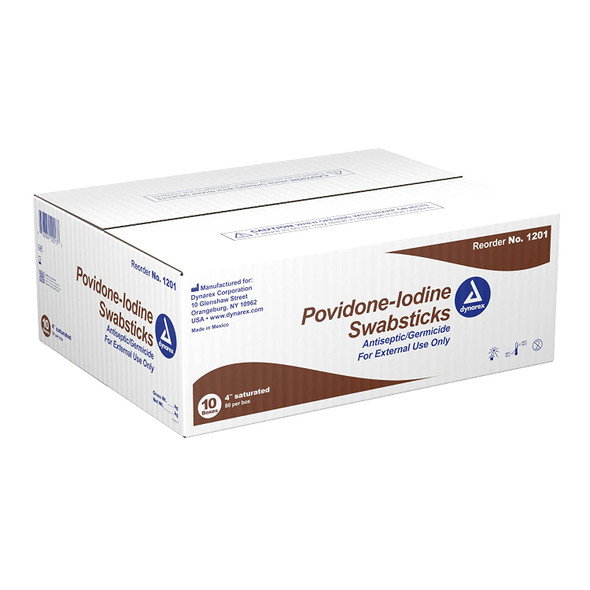 Dynarex 1201 30 mm x 4 in Sponge Tip Plastic Shaft Impregnated Povidone Iodine Swabstick - 50 pk/bx, 10 bx/cs