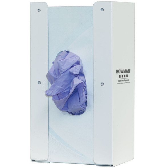 GB-144 Bowman Manufacturing Company, Inc. Glove Box Dispenser, Single Bin, Holds One Box of Gloves, Front Screw Holes for Mounting Inside a Cabinet, White Powder-Coated Steel, 5 5/8W x 10H x 3 13/16D, 12/cs