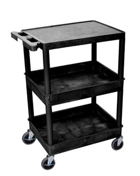 Luxor STC211-B Utility Cart, Flat Top, Middle/Bottom Tub Shelves (2.75in. Deep each), Black, 24in.W x 18in.D x 36.5in.H, with (4) 4in. Heavy Duty Casters (2 with Locking Brakes), Maximum Weight Capacity 300lbs, Assembly Required (DROP SHIP ONLY) , ea