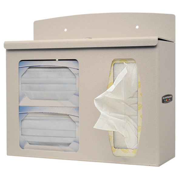 RS002-0212 Bowman Manufacturing Company, Inc. Respiratory Hygiene Station, Locking, Holds Two Boxes of Face Masks, (1-2) Boxes of Facial Tissues, Hinged Lid with Lock, Keyholes For Wall Mounting, Quartz ABS Plastic & Clear PETG Plastic, 13 13/16 in.