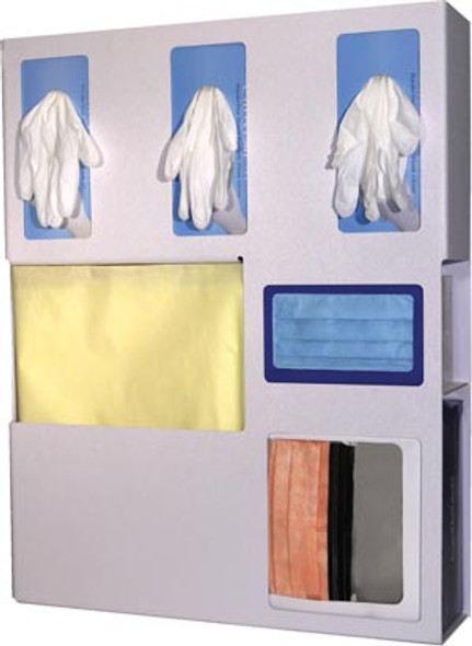 LD-070 Bowman Manufacturing Company, Inc. Protection Organizer, Holds Flat Pack or Launderable Gowns, Three Boxes of Gloves, One Box of Face Masks & One Box of Face Shields, Keyholes For Wall Mounting, Door Hanger Cut-Out, Quartz ABS Plastic, 20 1/16