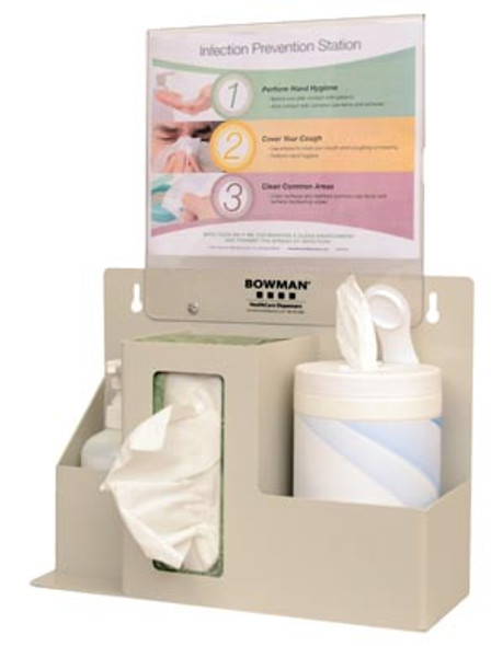 ED-097 Bowman Manufacturing Company, Inc. Infection Prevention Organizer, Holds (1-2) Boxes of Tissue or (1) Box of Gloves, (1) Hand Sanitizer Bottle & a Variety of Sizes of Wet Wipe Canisters, 11 in. W x 8 1/2 in. H Sign Holder (MP-075) Included, Op