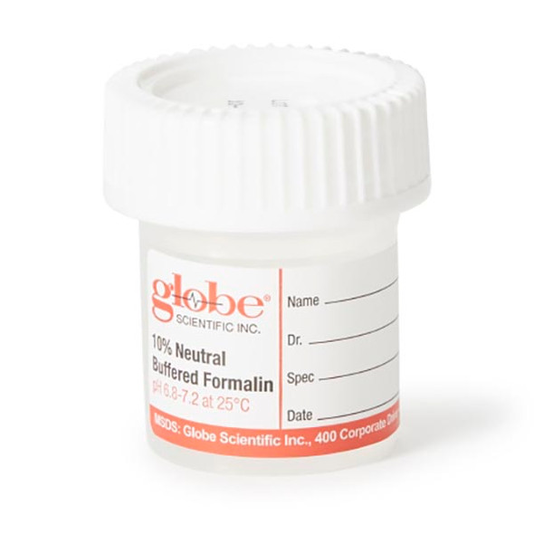 6518FL Globe Scientific, Inc. Leak Resistant Container w/ 10% Neutral Buffered Formalin, 20 mL, PP, 96/cs