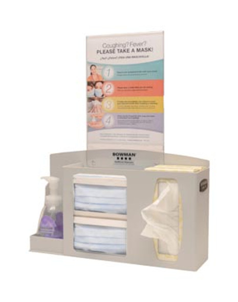 RS001-0212 Bowman Manufacturing Company, Inc. Respiratory Hygiene Station Holds Two Boxes of Face Masks, (1-2) Boxes of Facial Tissues, (1) Hand Sanitizer Bottle, Optional Sign Holders MP-070 or MP-075 (sold separately), Optional Floor Stands KS010-0