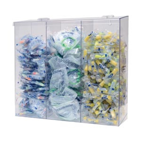 BP-090 Bowman Manufacturing Company, Inc. Bulk Dispenser, Tall Triple Bin, Holds a Variety of Protective Apparel in Bulk, Triple Compartments with Hinged Lid, Openings at Front Bottom, Keyholes For Wall Mounting, Clear PETG Plastic, 18 3/8 in. W x 17