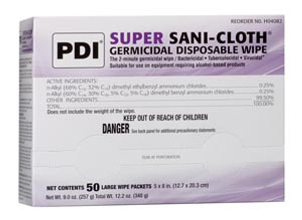 PDI - Professional Disposables, Intl. SUPER SANI-CLOTH® H04082 Germicidal Disposable Wipe, Large, Individual, Boxed, 5in. x 8in., 50/bx, 10 bx/cs (80 cs/plt) (US Only) , case