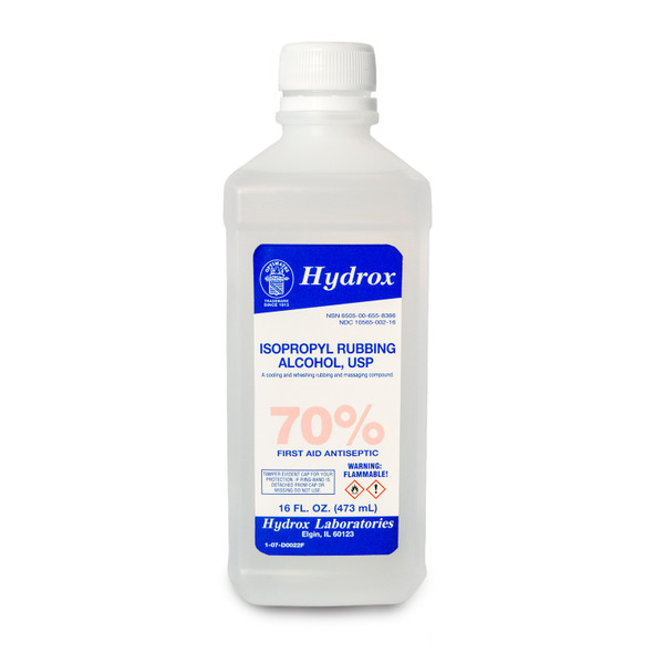 Hydrox Laboratories D0022 Isopropyl Rubbing Alcohol 70%, USP, 16 oz, 12 btl/cs (176 cs/plt) (US Only) (Item is considered HAZMAT and cannot ship via Air or to AK, GU, HI, PR, VI) (MOQ = 2 cases) , case