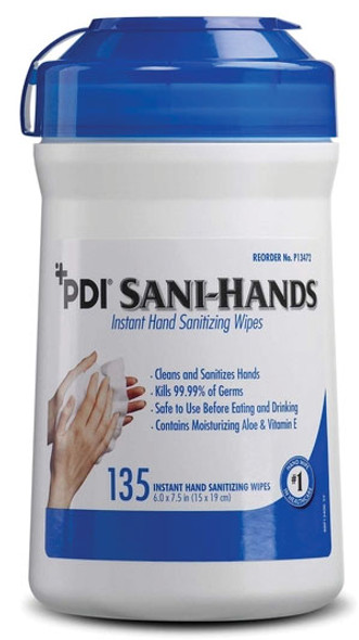 PDI - Professional Disposables, Intl. SANI-HANDS® P13472 Instant Hand Sanitizing Wipe, Medium, 6in. x 7½in., 135/can, 12 can/cs (40 cs/plt) (026575) (US Only) (Item is considered HAZMAT and cannot ship via Air or to AK, GU, HI, PR, VI) , case