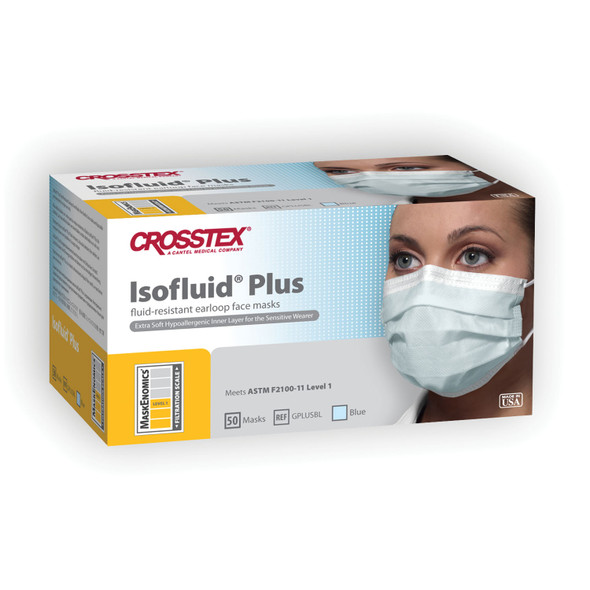 Crosstex International ISOFLUID® GPLUSBL ASTM Level 1 Mask, Latex Free (LF), Blue, 50/bx, 10 bx/ctn , carton