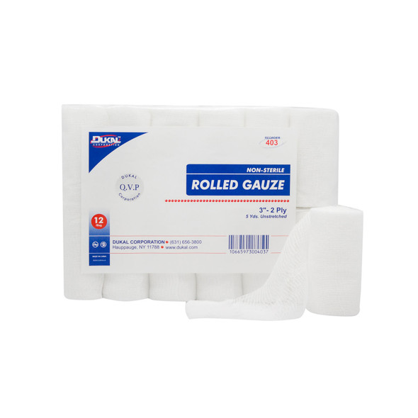 Dukal Corporation 403 Rolled Gauze, 3in. x 5 yd, Non-Sterile, 2-Ply, 12 rl/bg, 8 bg/cs , case