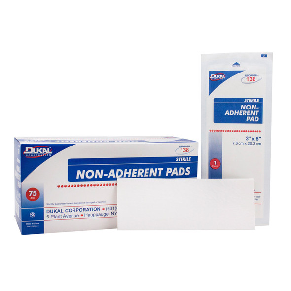 Dukal Corporation 138 Non-Adherent Pad, 3in. x 8in., Sterile, 1/pk, 75 pk/bx, 8 bx/cs , case