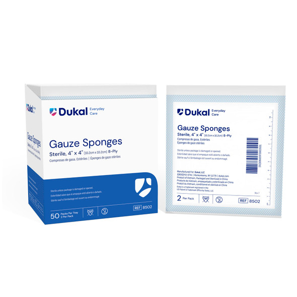 Dukal Corporation 8502 Gauze Sponge, 4in. x 4in., Sterile, 8-Ply, 2/pk, 50 pk/bx, 12 bx/cs (40 cs/plt) , case
