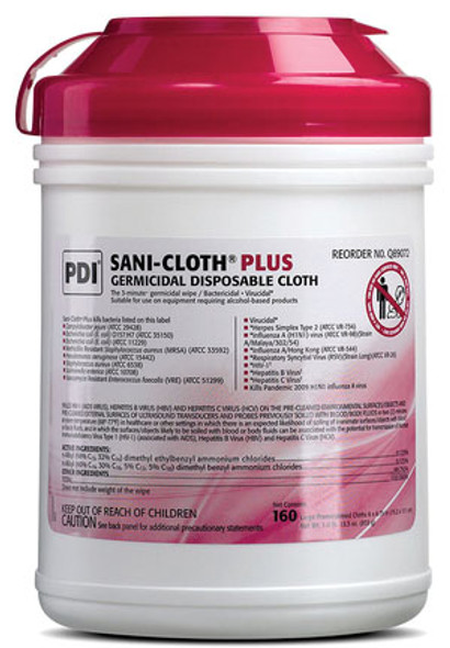 PDI - Professional Disposables, Intl. SANI-CLOTH PLUS® Q89072 Plus Germicidal Disposable Cloth, Large 6in. x 6¾in., 160/canister, 12 canisters/cs (30 cs/plt) (020370) (US Only) (Item is considered HAZMAT and cannot ship via Air or to AK, GU, HI, PR, 