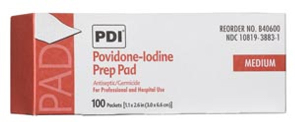 PDI - Professional Disposables, Intl. B40600 PVP Iodine Prep Pad, Medium, 1.1875in. x 2.625in., 100 pk/bx, 10 bx/cs (192 cs/plt) (US Only) , case