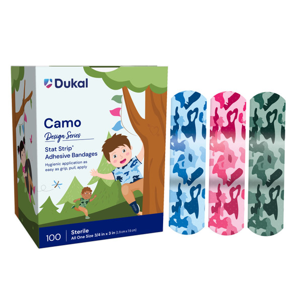 Dukal Corporation 16700 Stat Strip® Adhesive Bandage, Blue and Pink Camo, 3/4in. x 3in., 100/bx, 12 bx/cs , case