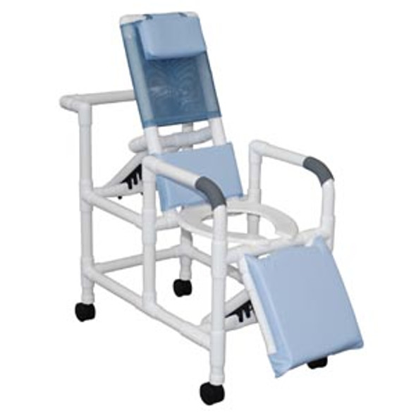 MJM International Corp. 193-PED Reclining Shower Chair, Deluxe Elongated Open Front Commode Seat & Elevated Leg Extension, 16in. Internal Width , each