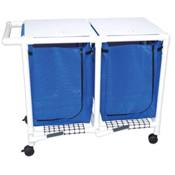 MJM International Corp. 218-D-FP Double Hamper, Mesh Bags (55 Gal Capacity, Plastic Bag) 3in. Heavy Duty Threaded Stem Casters, Zipper Opening, Base Support for bag, Push/ Pull Handle & Footpedal , each