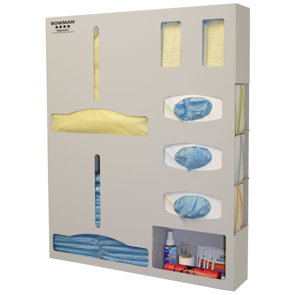 PS015-0512 Bowman Manufacturing Company, Inc. Protection System - Double GownHolds a Variety Of Gowns In Two Compartments, Three Boxes of Gloves, Two Boxes of Earloop Masks, And a Variety of Medical Supplies In Built-In Storage AreaKeyholes for Wall