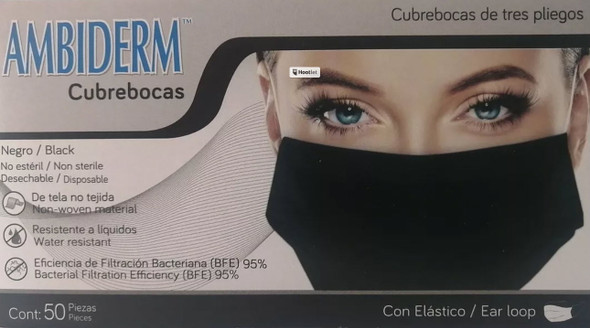 Ambiderm Earloop Face Mask, BFE 95%, Fluid Resistant, 3 Layers, 50/box (black)