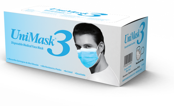 Uniseal UNIMASK3 Level 3 Earloop Anti-Fluid Face Mask, PFE 99.9%, BFE 99.4%, Blue, 50/box