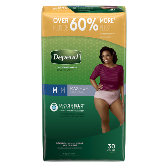 Kimberly-Clark Consumer DEPEND® 53742 Underwear, Maximum Absorbency, Medium, Women, Blush, 30/pk, 2 pk/cs (54 cs/plt) , case