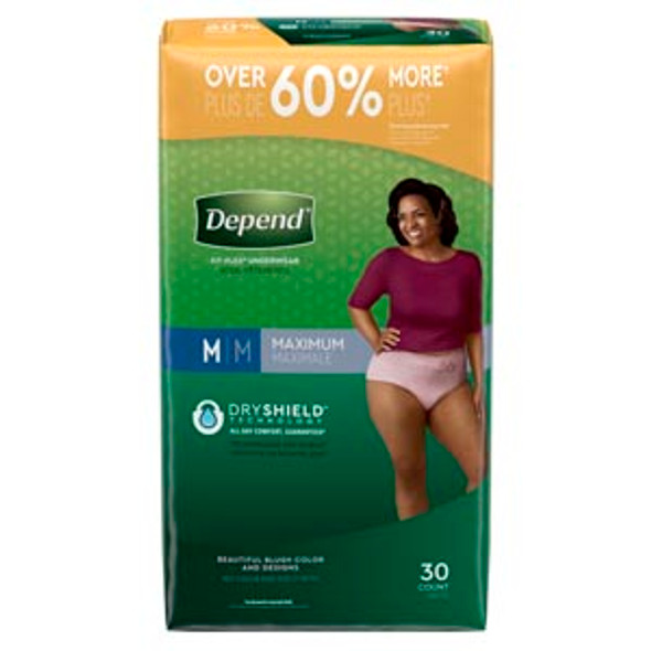 Kimberly-Clark Consumer DEPEND® 53742 Underwear, Maximum Absorbency, Medium, Women, Blush, 30/pk, 2 pk/cs (54 cs/plt) , case