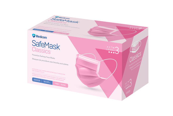 Medicom p/n 205316 Procedure Earloop Face Mask ASTM Level 3, Pink, 50/bx, 10 bx/cs (Not Available for sale into Canada)