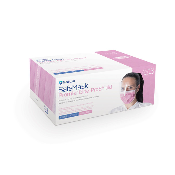 Medicom, Inc. SAFE+MASK® 204216 Premier Elite™ ProShield Earloop Mask with Visor, ASTM Level 3, Pink, 25/bx, 4 bx/cs (Not Available for sale into Canada) (Short-Dated; Non-Returnable) , case