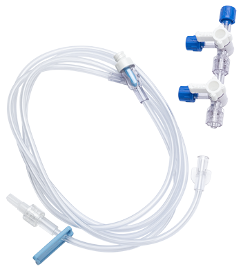 BD MX4450 Extension set removable slide clamp(s) 2 ganged 4-way stopcocks (off indicator) 1 NAC-y needle-free valve(s) 7" from fixed male luer lock. Not made with DEHP. L: 64 in L: 163 cm PV: 6.5 mL content sterile, 50/Case