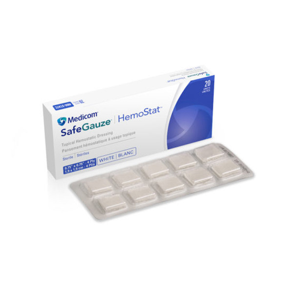 Medicom, Inc. SAFEGAUZE® HEMOSTAT™ 4900-STAT HemoStat Topical Hemostatic Dressing, Sterile, 4 ply, 1 Dressing/Blister, 10 Blisters/Blister Pack, 2 Blister Packs/bx , box