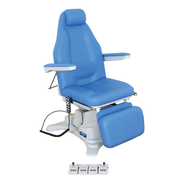 D.R.E. Medical Group, Inc. 70775B Milano E20 Power procedure chair, NEW with 2 year warranty, includes hand and foot control. Built-in arm rests, 180 degree rotation. Available in several upholstery colors. (DROP SHIP ONLY) (Freight Terms are Prepaid
