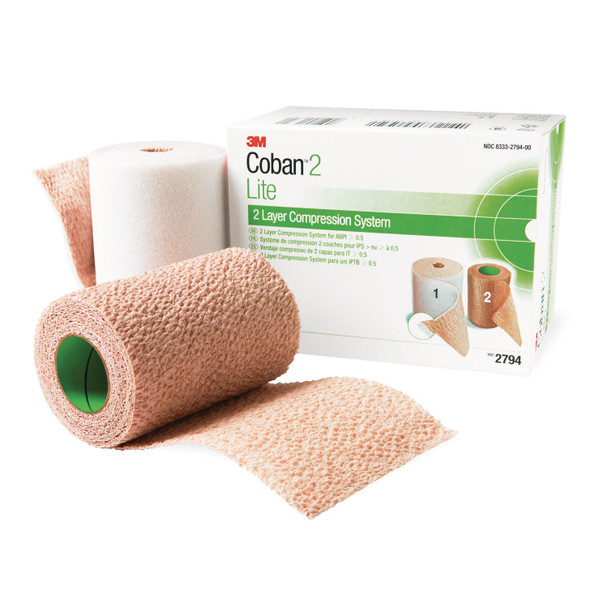 Solventum Corporation COBAN™ 2794N Lite Compression System Includes: Roll 1 Comfort Layer 4in. x 2.9 yds, Upstretched, Roll 2 Compression Layer 4in. x 5.1 yds, Fully Stretched, Green, 1/bx, 8 bx/cs (Continental US+HI Only) (Item on Manufacturer Backo