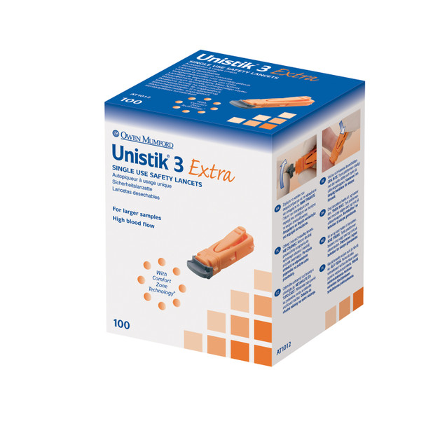 Owen Mumford MUMFORD UNISTIK® AT1012 Lancet, Extra, 21G, 2.0mm Penetration Depth, Orange, 100/bx (US & Canada Only) , box