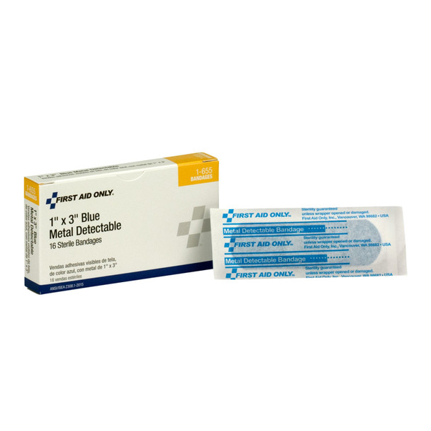 First Aid Only/Acme United Corporation 1-655 Fabric Bandages, Blue Metal Detectable, 1in.x3in., 16/bx (DROP SHIP ONLY - $150 Minimum Order) , box