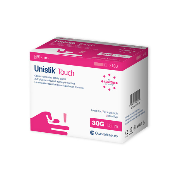 Owen Mumford MUMFORD UNISTIK® TOUCH™ AT1422 Safety Lancet, Low Flow, 30G x 1.5mm, 100/bx (US & Canada Only) , box
