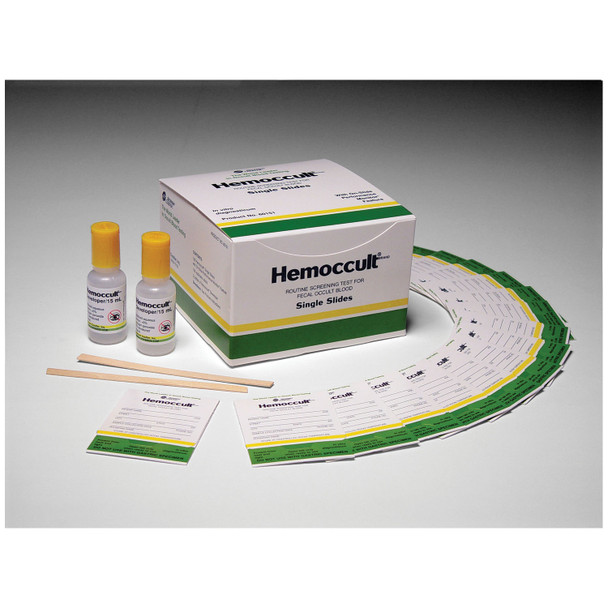 HemoCue America HEMOCCULT® 60151A Each Box Contains: (100) Hemoccult® Single Slides (Test Cards), (2) 15mL Bottles of Developer, (100) Applicators & Instructions, 10 bx/cs (Minimum Expiry Lead is 90 days) (Item is Non-Returnable) (US & Canada Only) (
