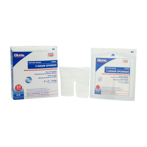 Dukal Corporation 7468 T-Drain Sponge, 4in. x 4in. Sterile, 16 Ply, 1/pk, 25 pk/tray, 12 tray/cs , case