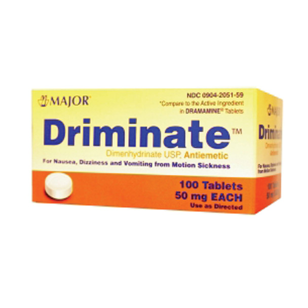 Major Pharmaceuticals 700621 Driminate, 50mg, 100s, Tablets, Compare to Dramamine®, NDC# 00904-2051-59 , each