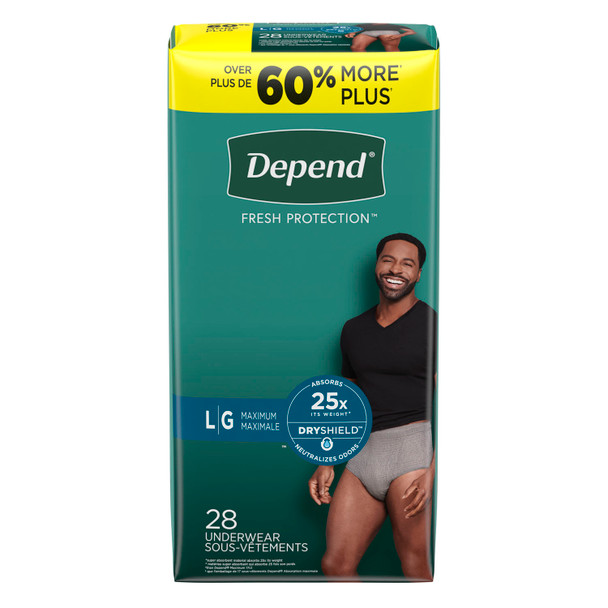 Kimberly-Clark Consumer DEPEND® 53745 Underwear, Maximum Absorbency, Large, Men, Grey, 28/pk, 2 pk/cs (US Only) , case