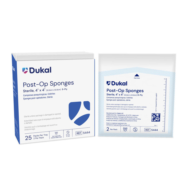 Dukal Corporation 5444 Sponge, 4in. x 4in. Sterile Post-Op, Gauze Facing, 2/pk, 25 pk/bx, 24 bx/cs , case