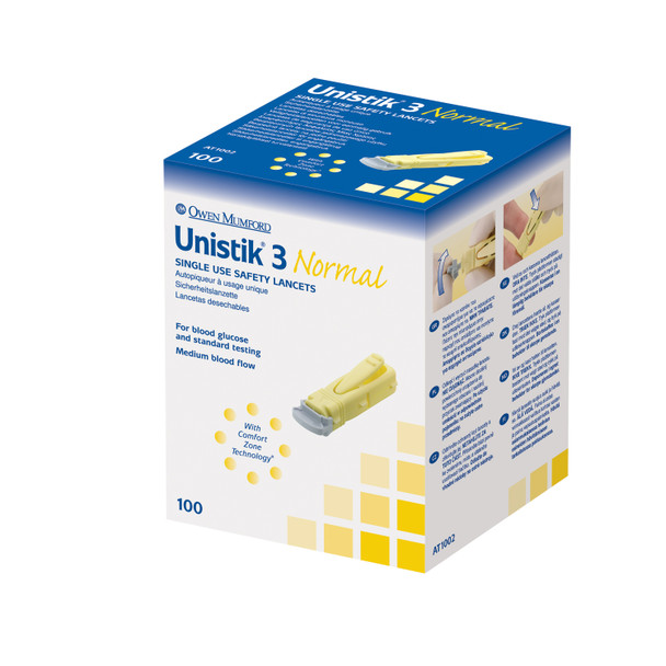 Owen Mumford MUMFORD UNISTIK® AT1002 Lancet, Normal, 23G, 1.8mm Penetration Depth, Yellow, 100/bx (US & Canada Only) , box
